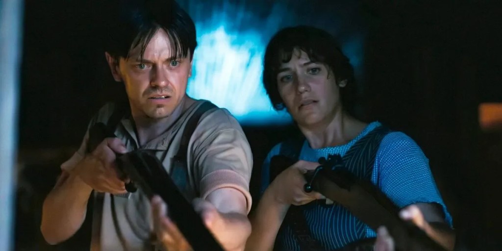 Bert and Joan, each wielding a gun