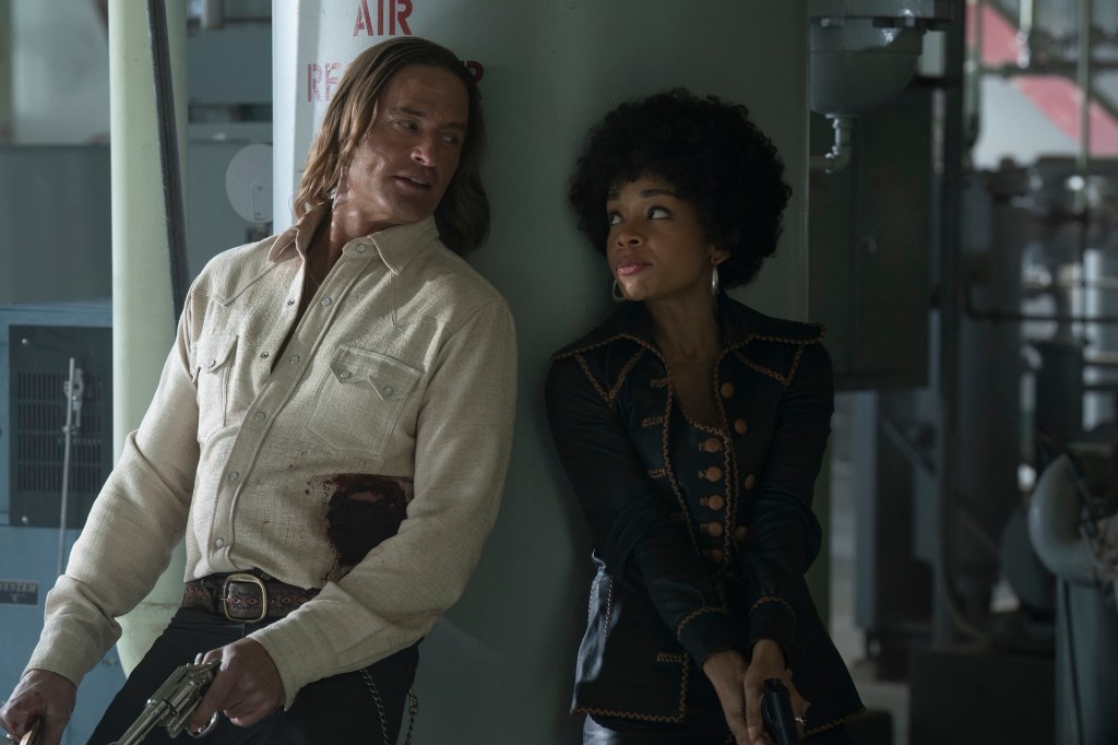 Josh Holloway and Rachel Hilson in a scene from "Duster"